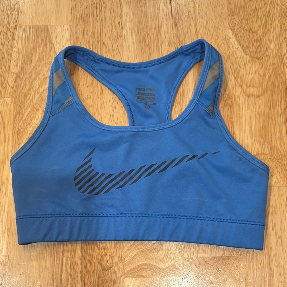Nike Pro Sports Bra Blue Grey Black Swoosh Compression Dri-Fit Workout Top Small